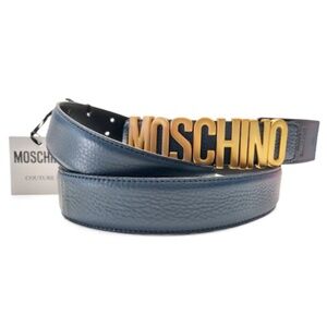 Moschino Navy Leather Belt with Gold Logo